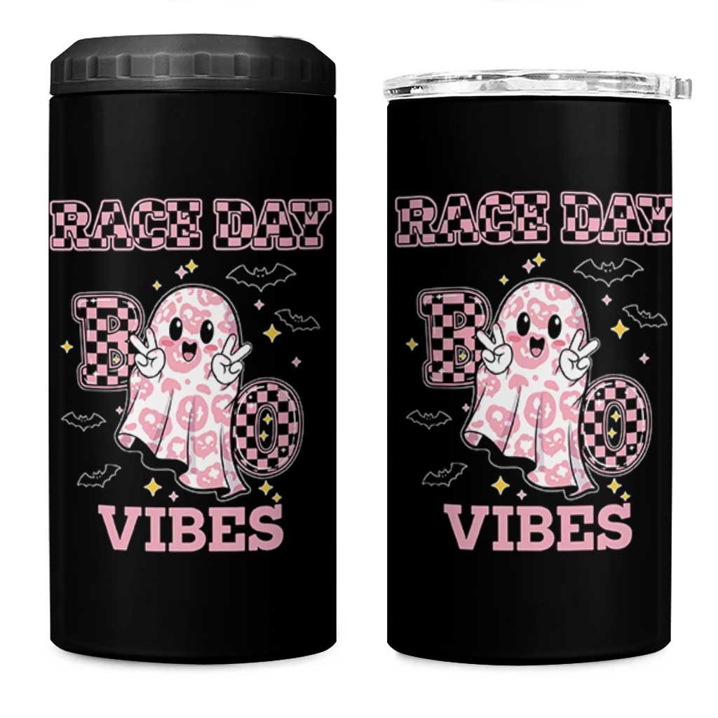 Race Car Halloween 4 in 1 Can Cooler Tumbler Boo Checkered Coquette Bow