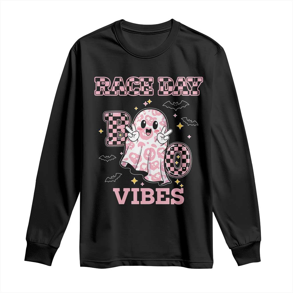 Race Car Halloween Long Sleeve Shirt Boo Checkered Coquette Bow - Wonder Print Shop