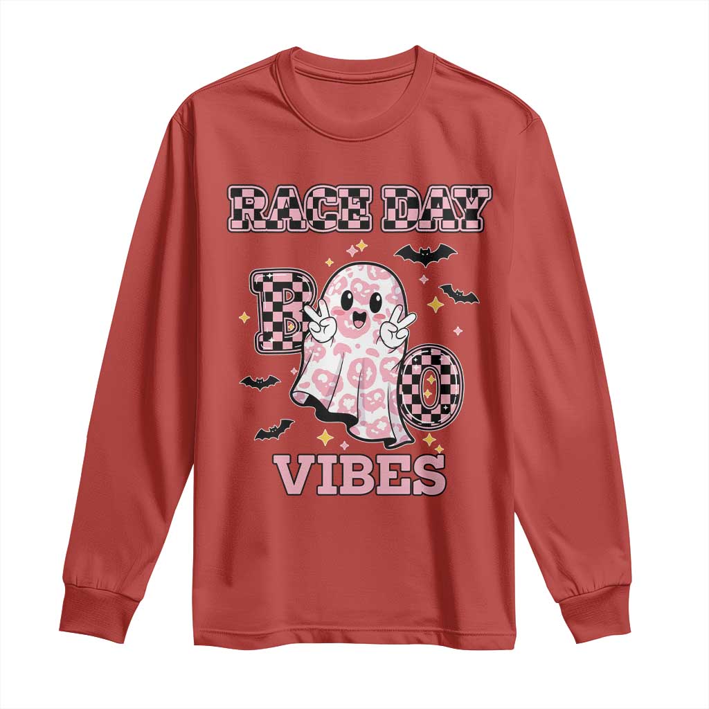 Race Car Halloween Long Sleeve Shirt Boo Checkered Coquette Bow - Wonder Print Shop