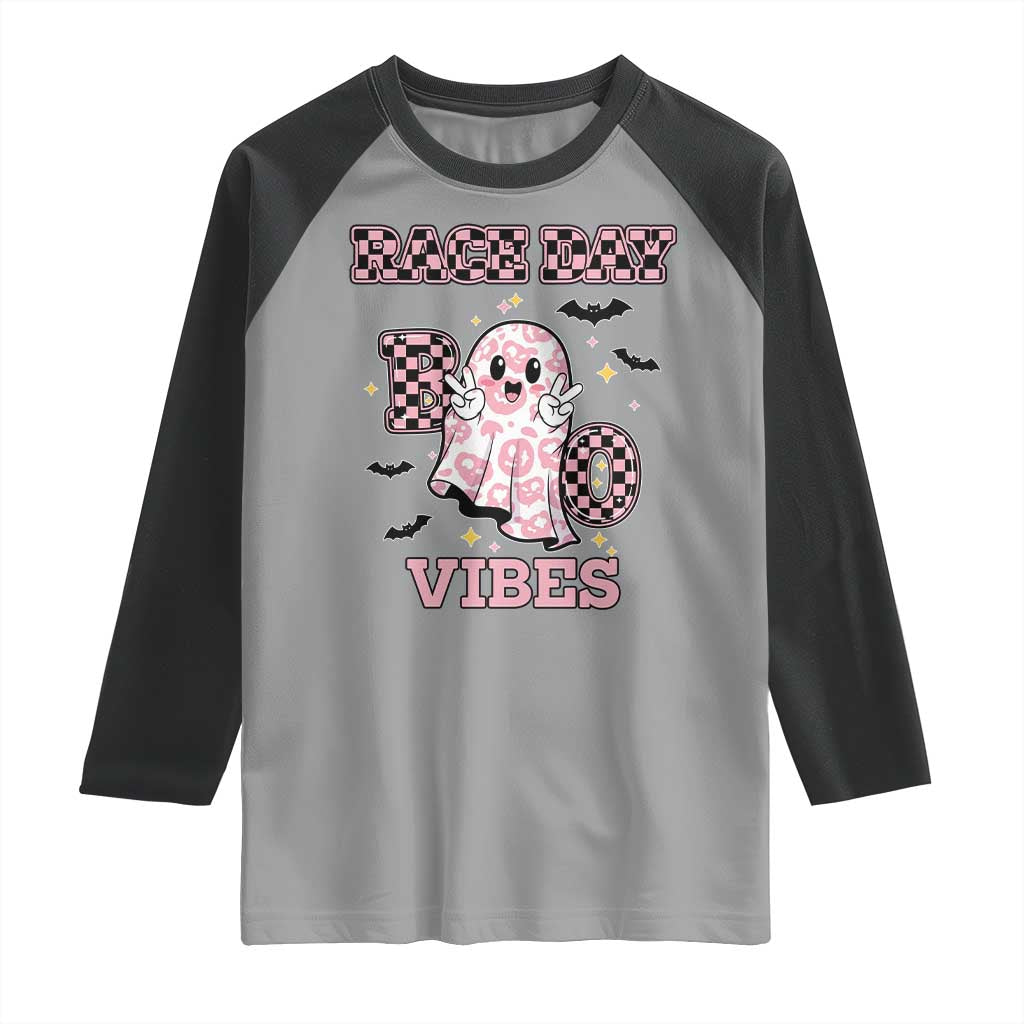 Race Car Halloween Raglan Shirt Boo Checkered Coquette Bow - Wonder Print Shop