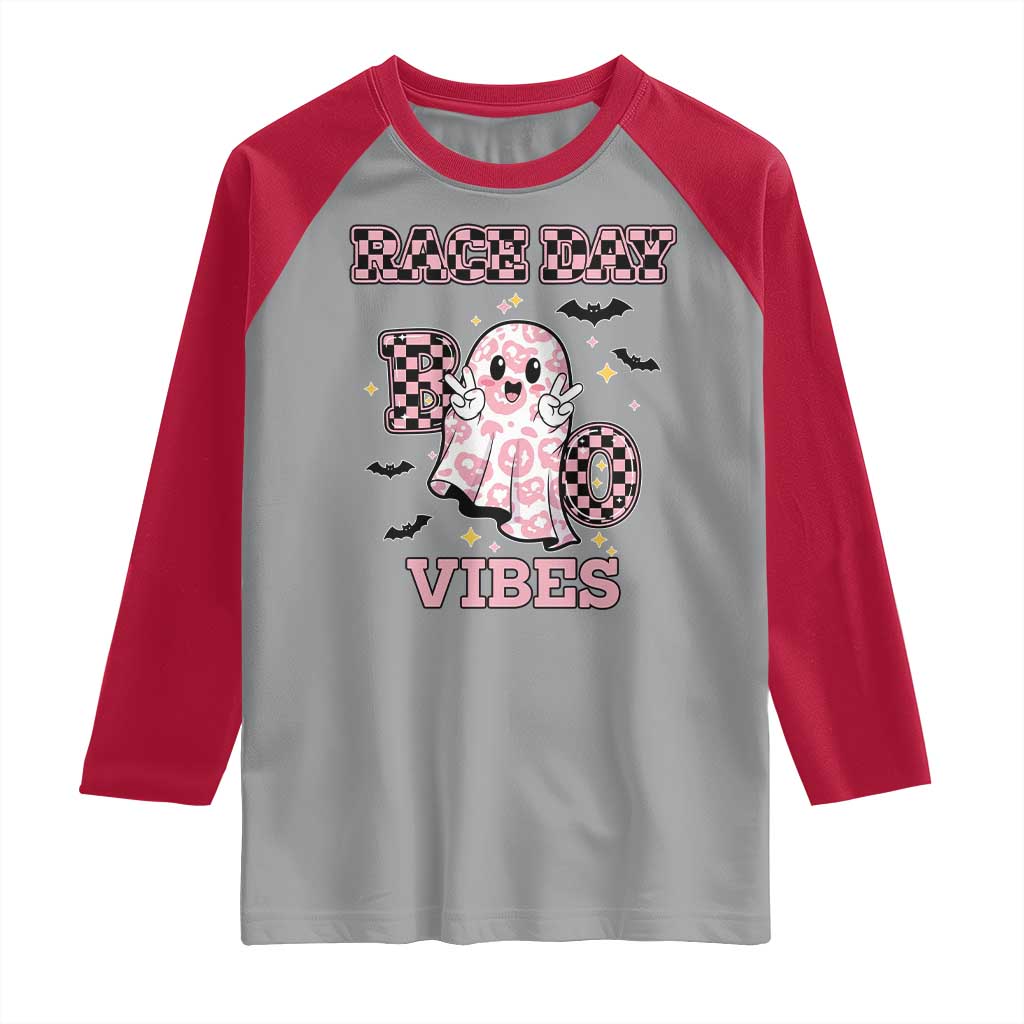 Race Car Halloween Raglan Shirt Boo Checkered Coquette Bow - Wonder Print Shop