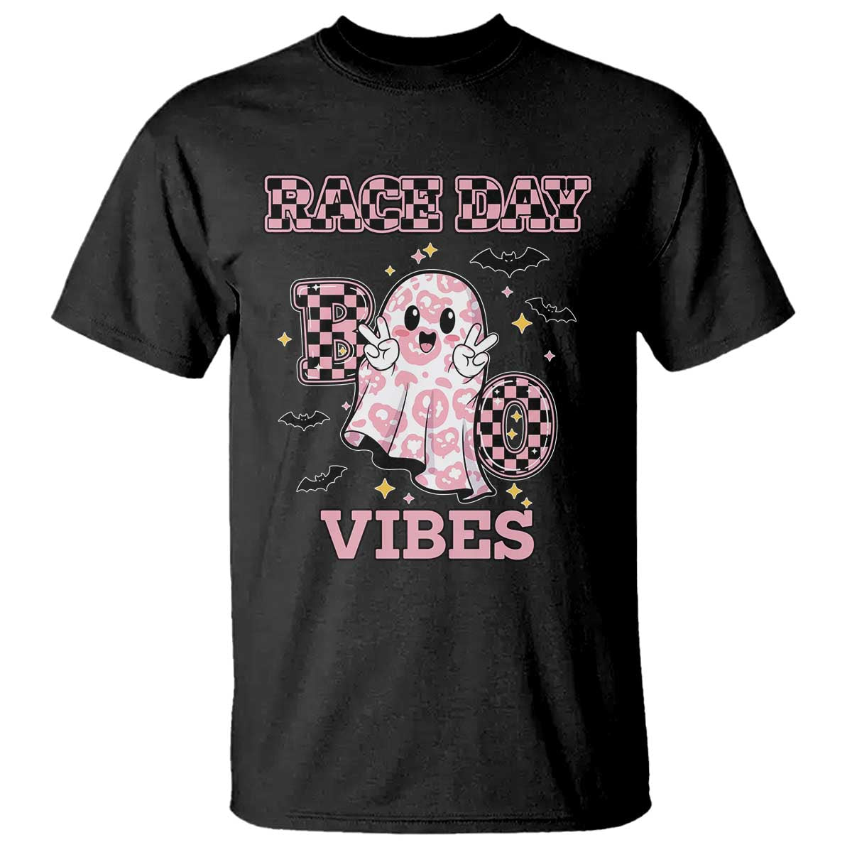 Race Car Halloween T Shirt Boo Checkered Coquette Bow - Wonder Print Shop