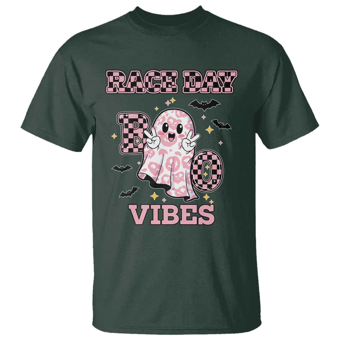 Race Car Halloween T Shirt Boo Checkered Coquette Bow - Wonder Print Shop