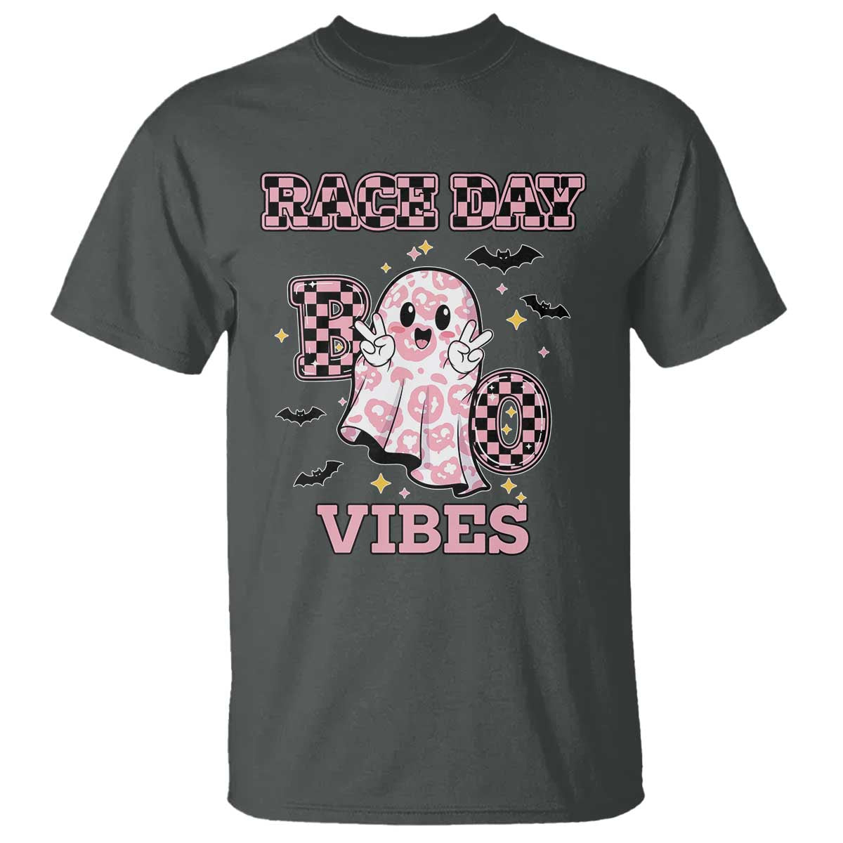 Race Car Halloween T Shirt Boo Checkered Coquette Bow - Wonder Print Shop