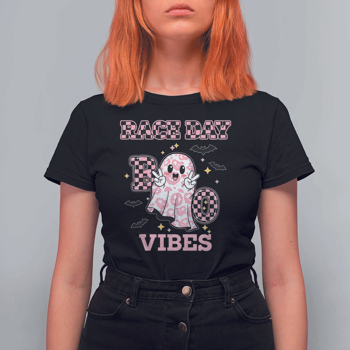 Race Car Halloween T Shirt For Women Boo Checkered Coquette Bow - Wonder Print Shop