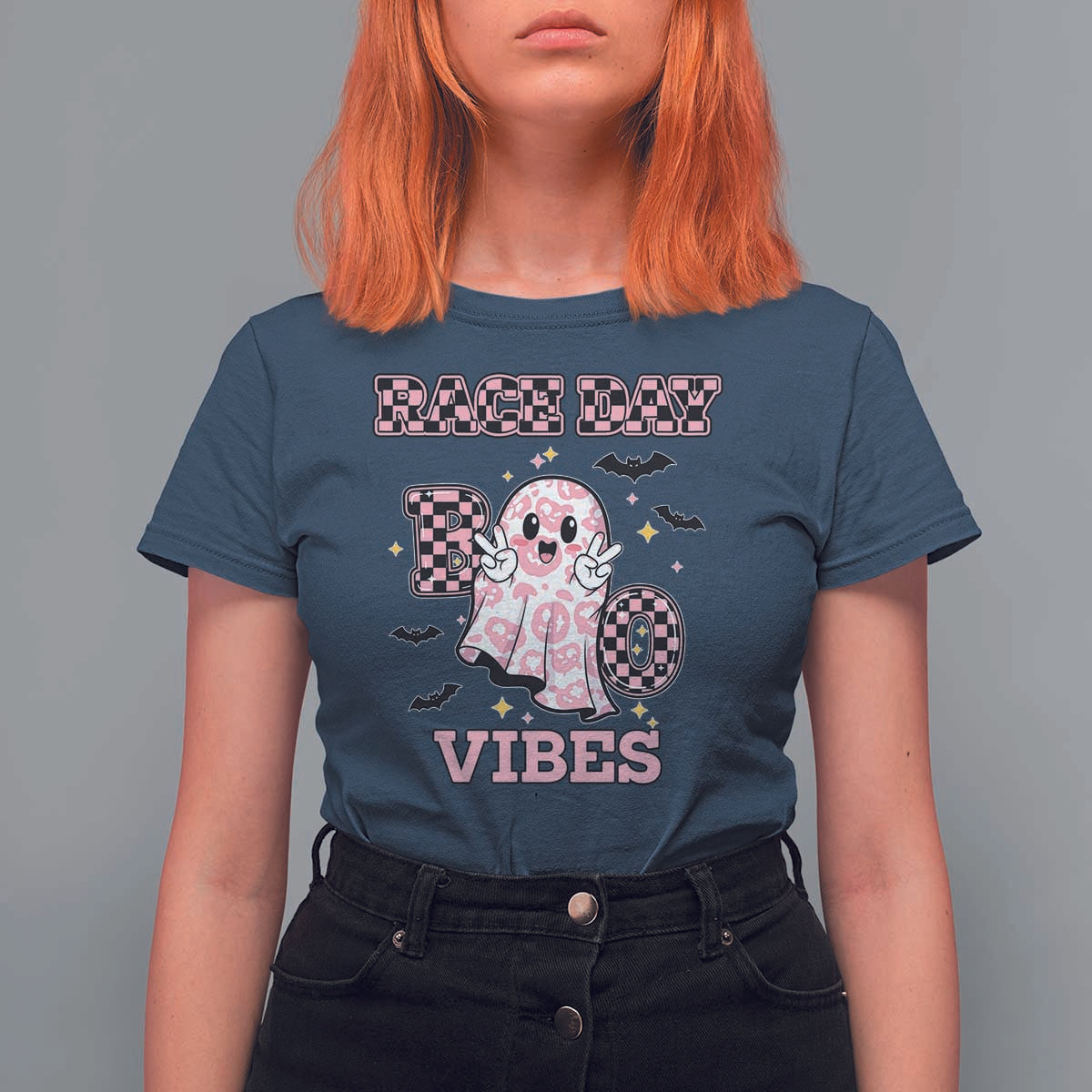 Race Car Halloween T Shirt For Women Boo Checkered Coquette Bow - Wonder Print Shop