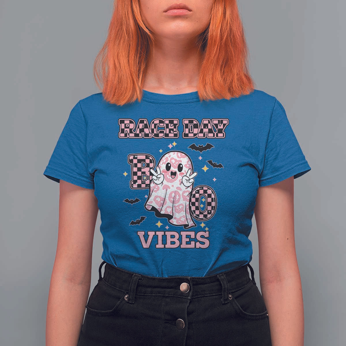 Race Car Halloween T Shirt For Women Boo Checkered Coquette Bow - Wonder Print Shop