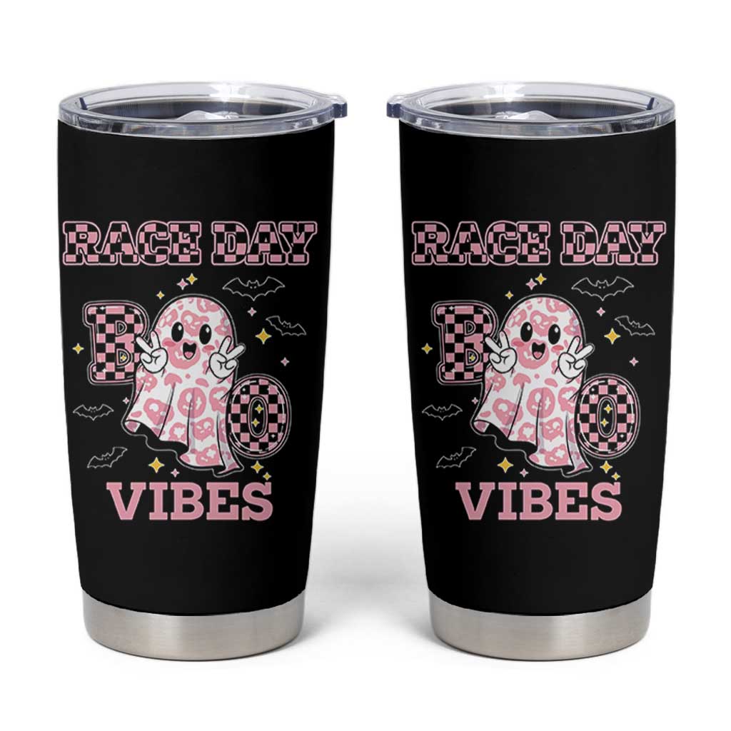 Race Car Halloween Tumbler Cup Boo Checkered Coquette Bow
