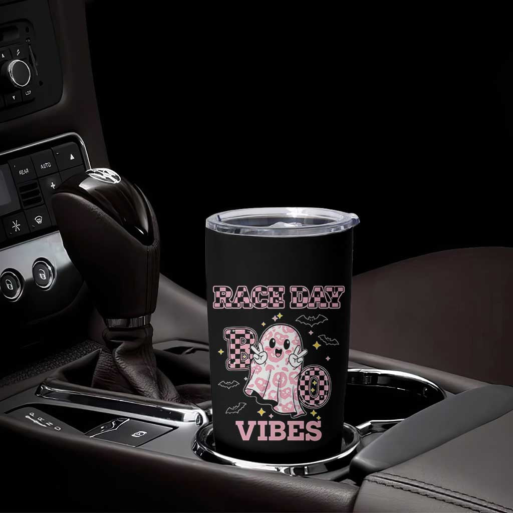 Race Car Halloween Tumbler Cup Boo Checkered Coquette Bow