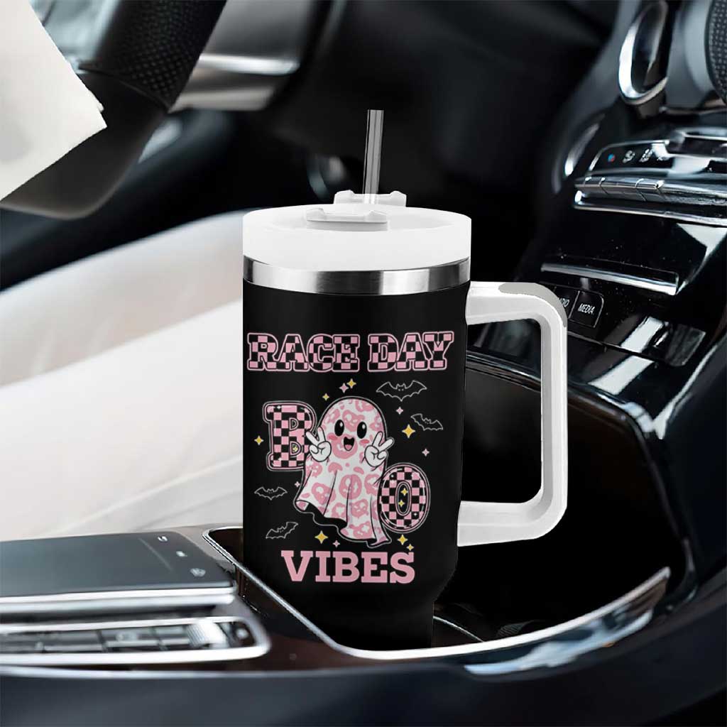Race Car Halloween Tumbler With Handle Boo Checkered Coquette Bow