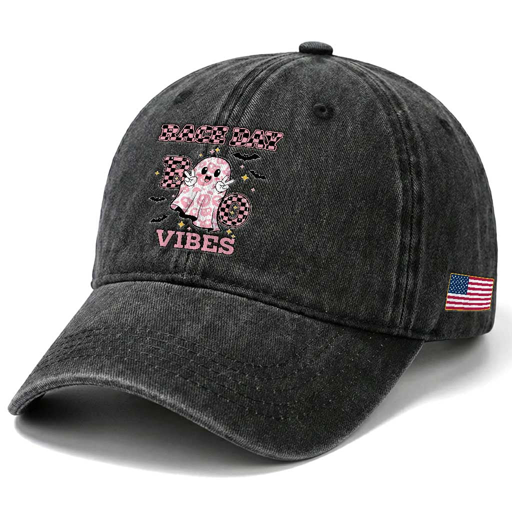 Race Car Halloween Washed Cotton Baseball Cap Boo Checkered Coquette Bow