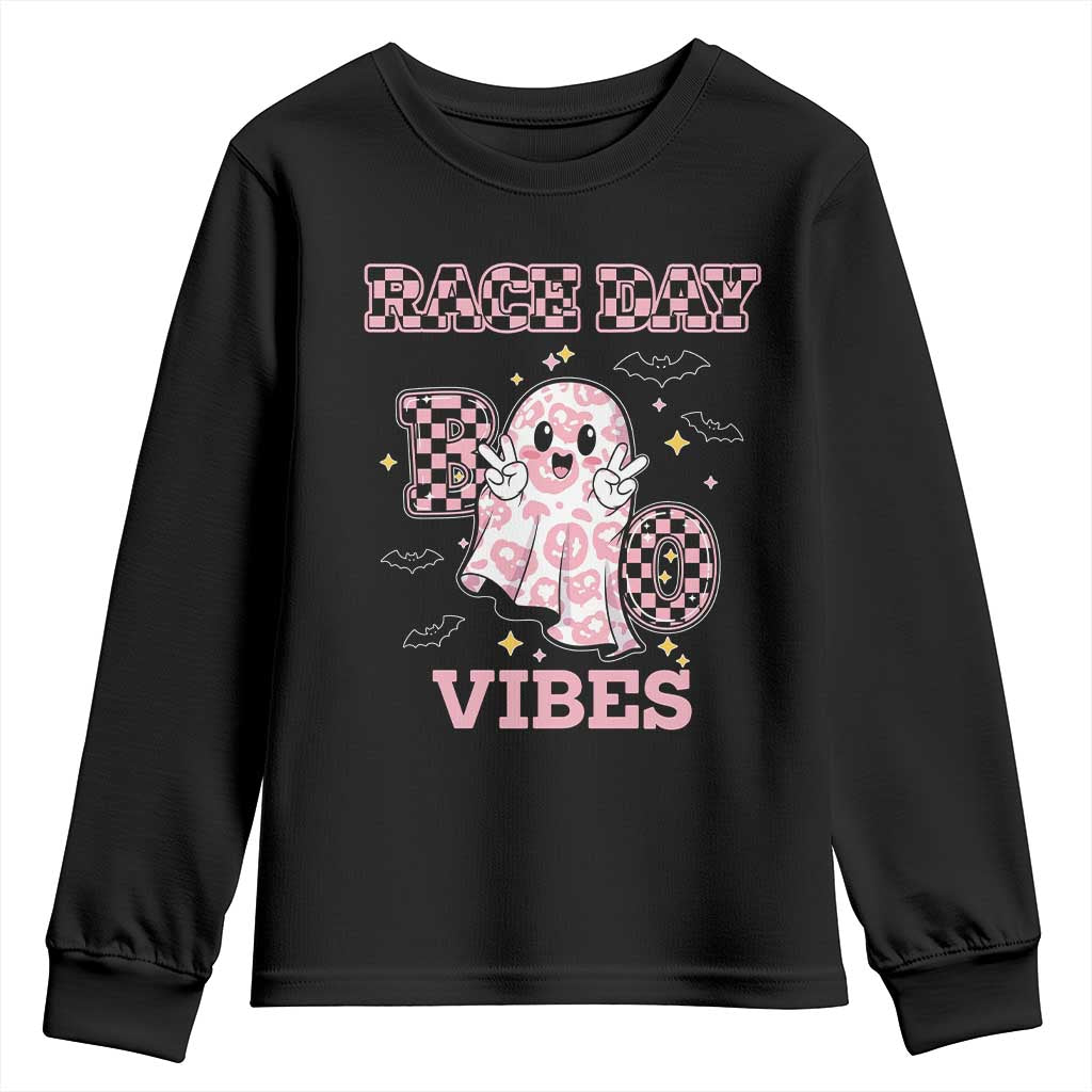 Race Car Halloween Youth Sweatshirt Boo Checkered Coquette Bow - Wonder Print Shop