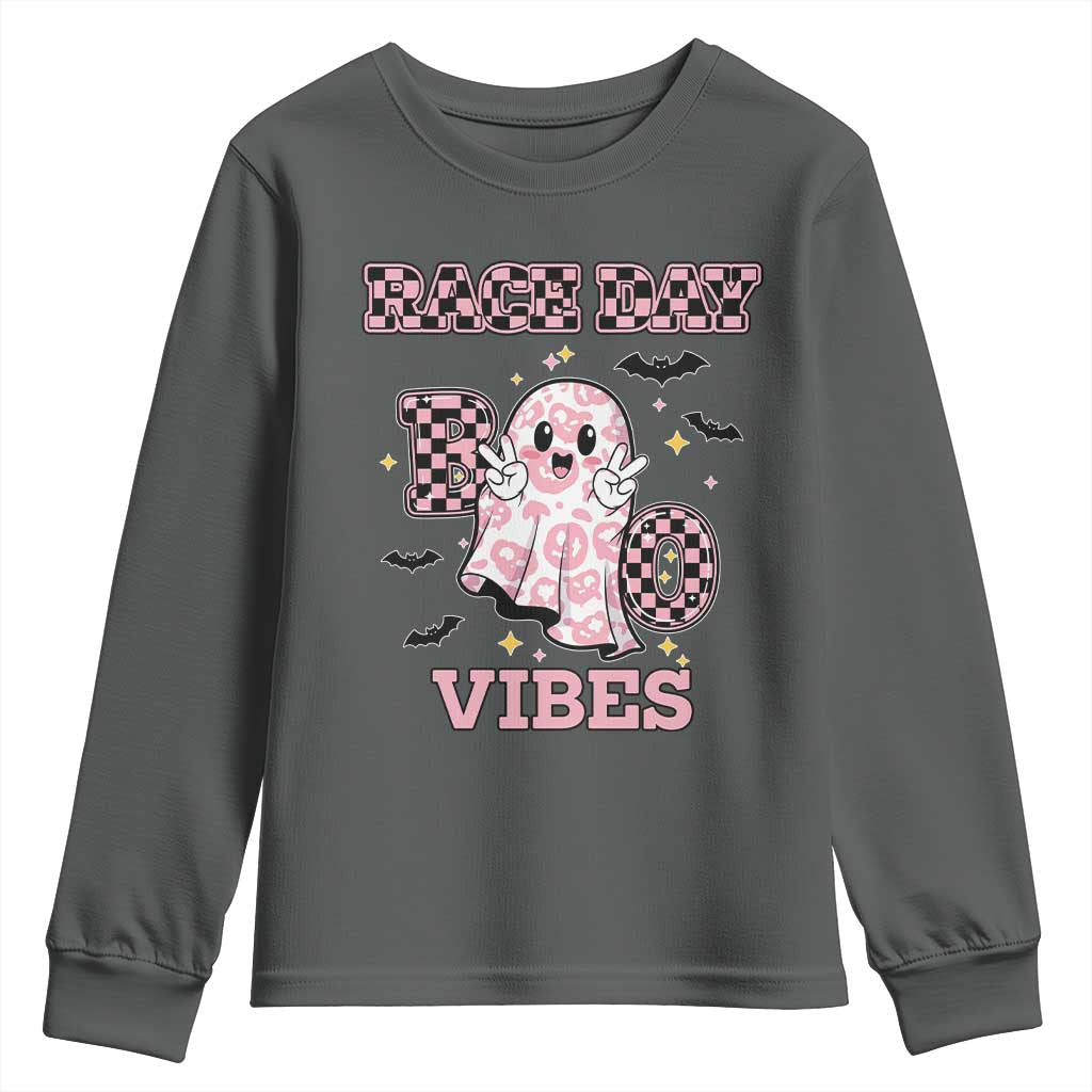 Race Car Halloween Youth Sweatshirt Boo Checkered Coquette Bow - Wonder Print Shop