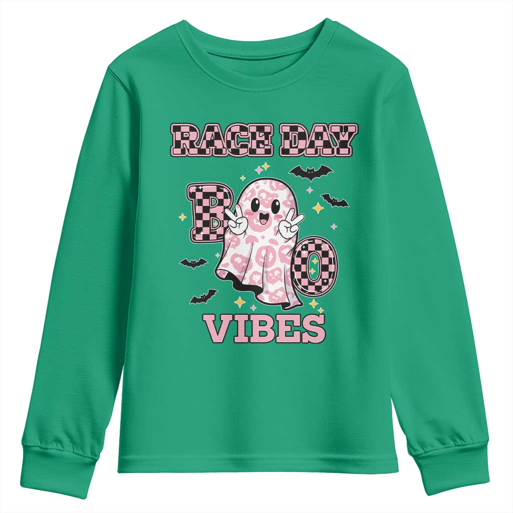 Race Car Halloween Youth Sweatshirt Boo Checkered Coquette Bow - Wonder Print Shop