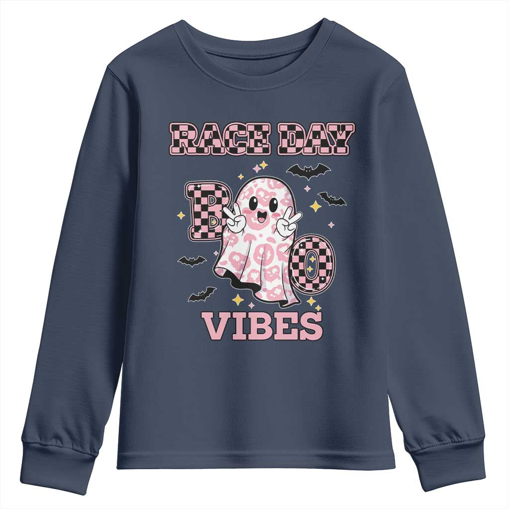 Race Car Halloween Youth Sweatshirt Boo Checkered Coquette Bow - Wonder Print Shop