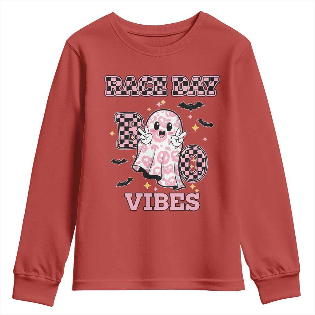 Race Car Halloween Youth Sweatshirt Boo Checkered Coquette Bow - Wonder Print Shop