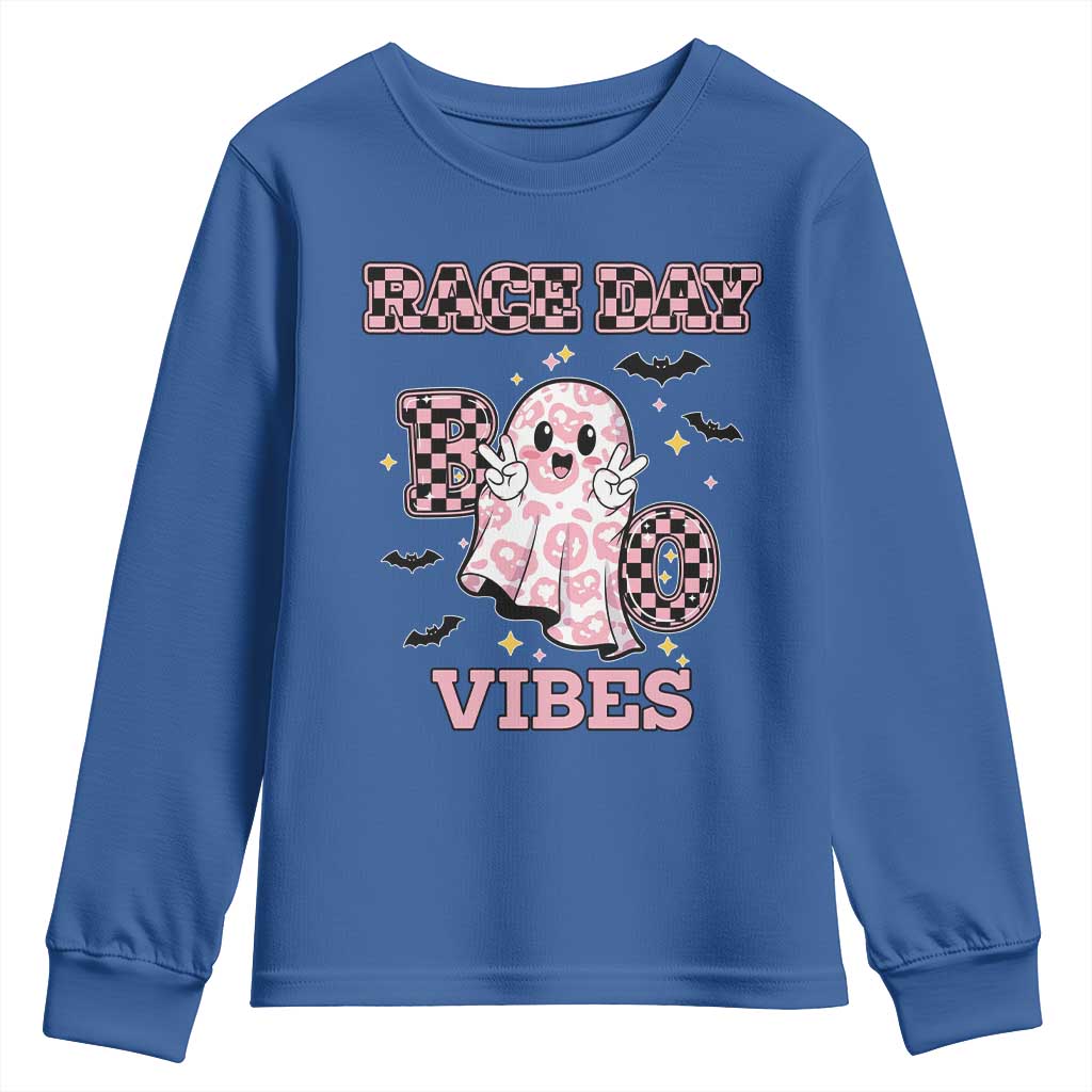 Race Car Halloween Youth Sweatshirt Boo Checkered Coquette Bow - Wonder Print Shop