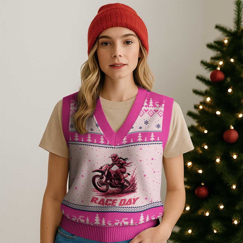 Dirt Bike Girl V-Neck Knit Sweater Vest Motocross Racing Women - Wonder Print Shop