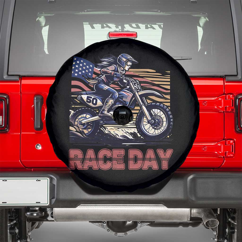 Dirt Bike Girl Spare Tire Cover Patriotic Motocross American Flag Racing - Wonder Print Shop