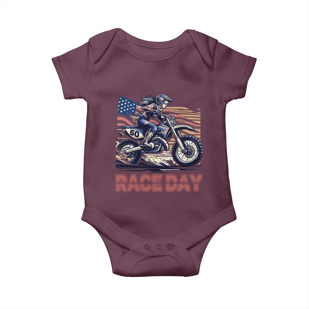 Dirt Bike Girl Baby Onesie Patriotic Motocross American Flag Racing - Wonder Print Shop