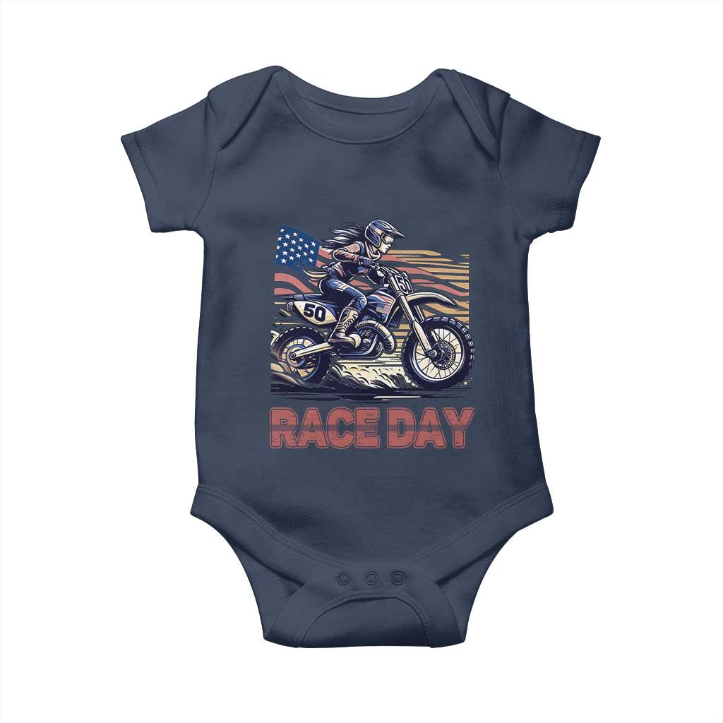 Dirt Bike Girl Baby Onesie Patriotic Motocross American Flag Racing - Wonder Print Shop