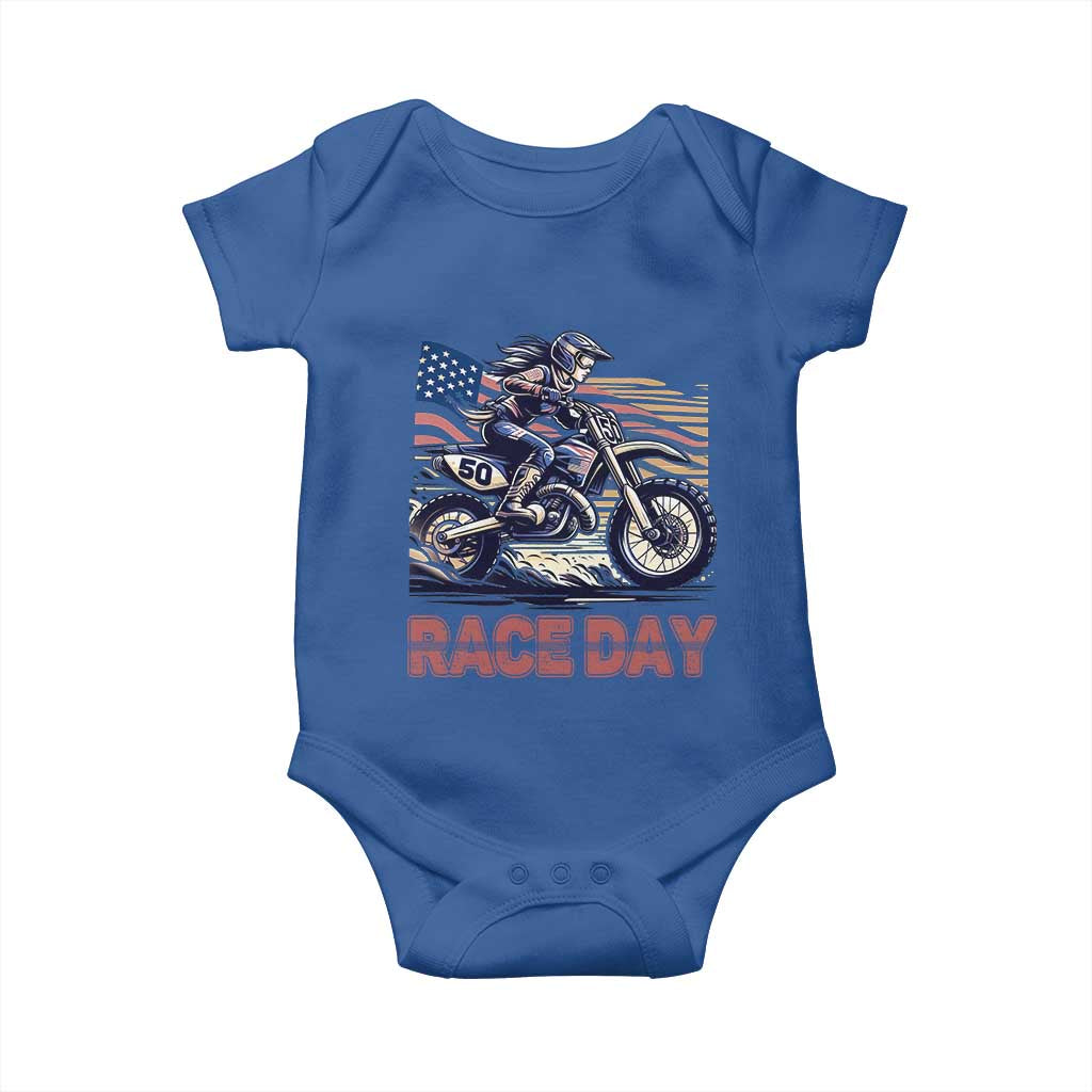 Dirt Bike Girl Baby Onesie Patriotic Motocross American Flag Racing - Wonder Print Shop