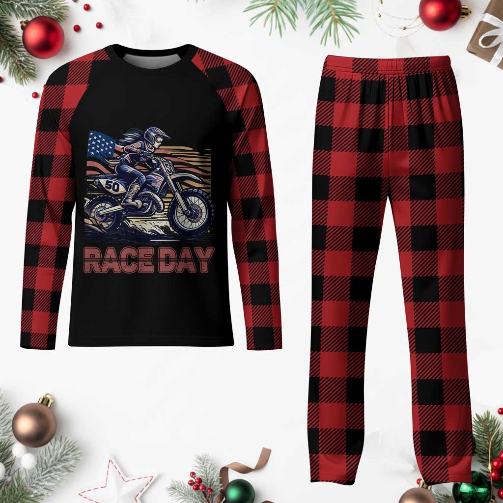 Dirt Bike Girl Plaid Pajama Set Patriotic Motocross American Flag Racing - Wonder Print Shop