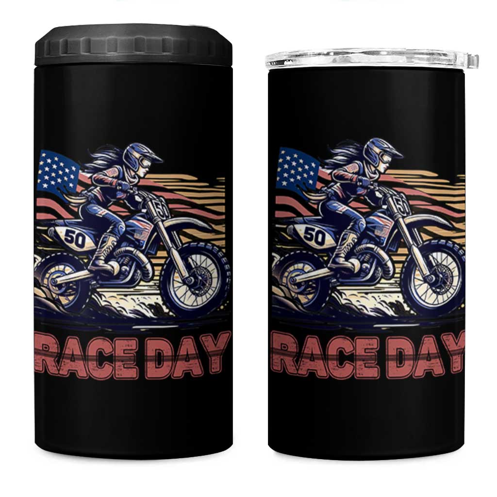 Dirt Bike Girl 4 in 1 Can Cooler Tumbler Patriotic Motocross American Flag Racing