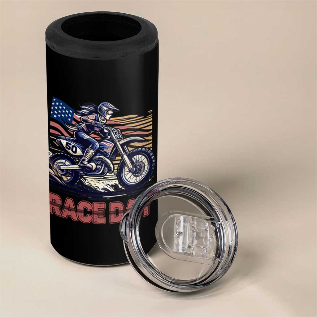 Dirt Bike Girl 4 in 1 Can Cooler Tumbler Patriotic Motocross American Flag Racing