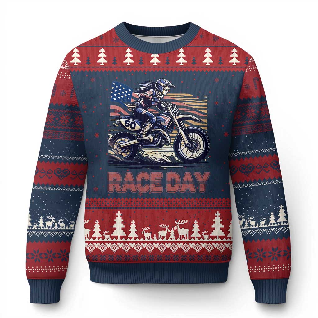 Dirt Bike Girl Ugly Christmas Sweater Patriotic Motocross American Flag Racing - Wonder Print Shop