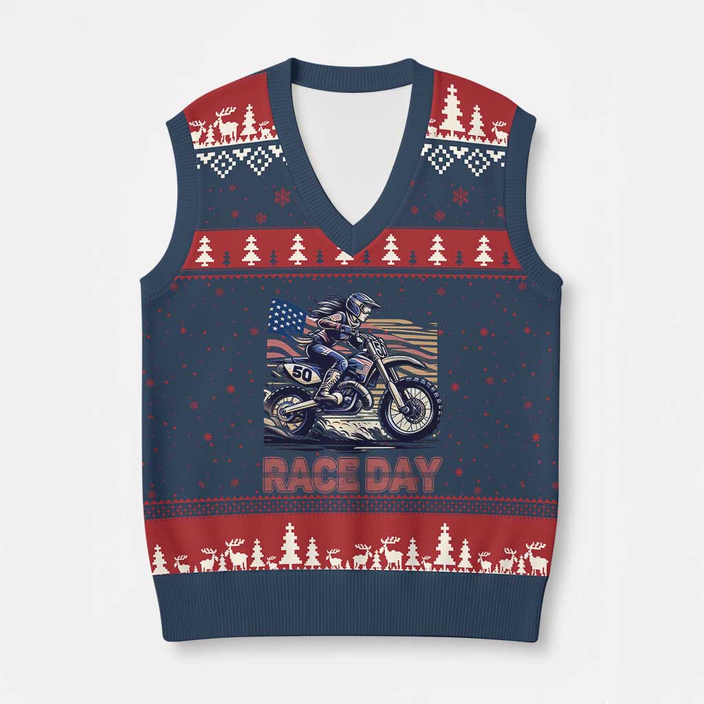 Dirt Bike Girl V-Neck Knit Sweater Vest Patriotic Motocross American Flag Racing - Wonder Print Shop