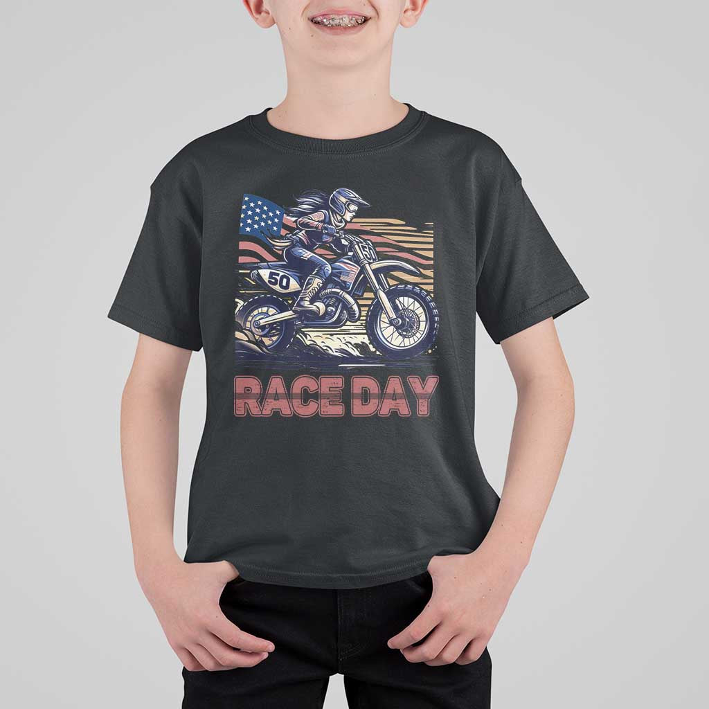 Dirt Bike Girl T Shirt For Kid Patriotic Motocross American Flag Racing - Wonder Print Shop