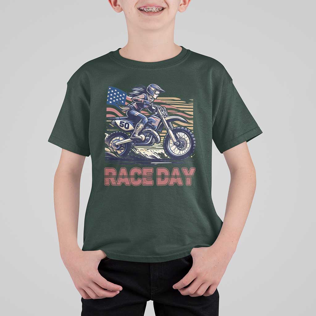 Dirt Bike Girl T Shirt For Kid Patriotic Motocross American Flag Racing - Wonder Print Shop