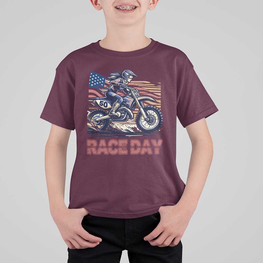 Dirt Bike Girl T Shirt For Kid Patriotic Motocross American Flag Racing - Wonder Print Shop