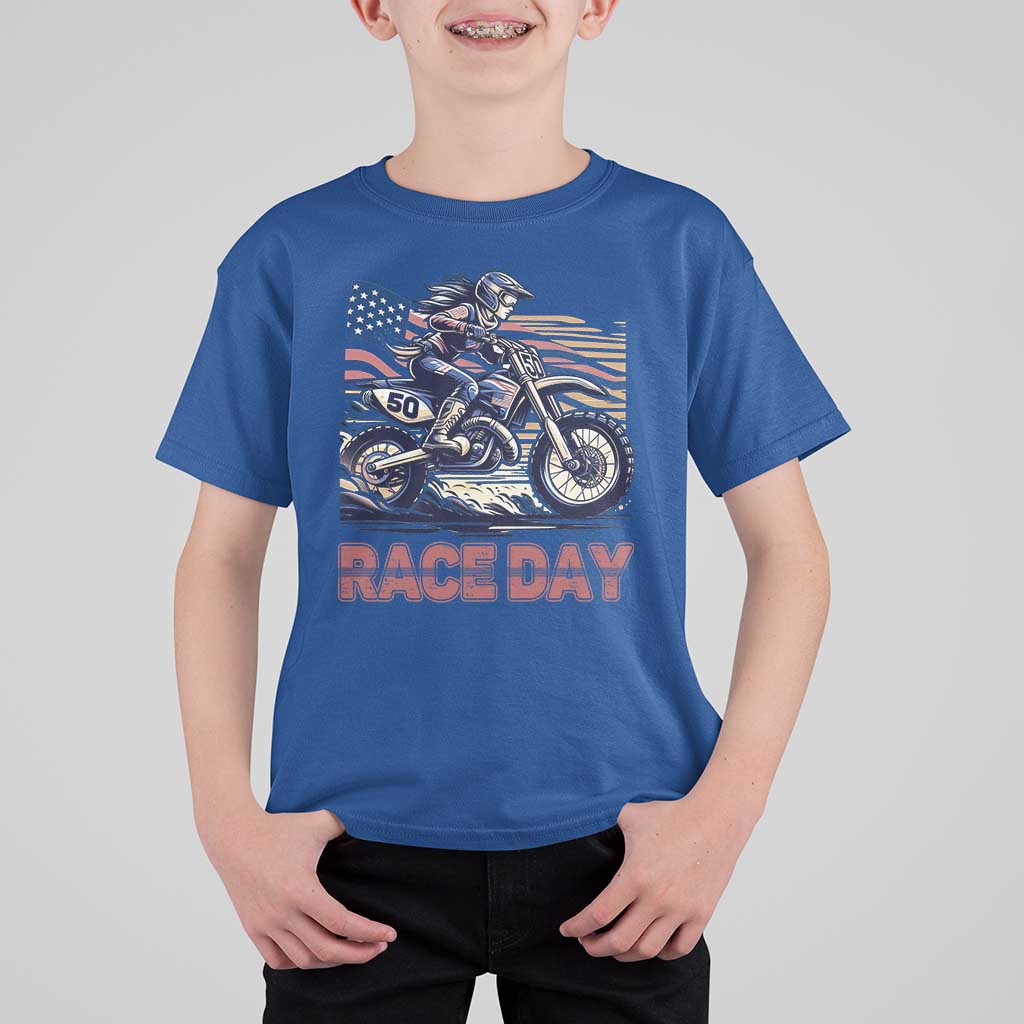 Dirt Bike Girl T Shirt For Kid Patriotic Motocross American Flag Racing - Wonder Print Shop