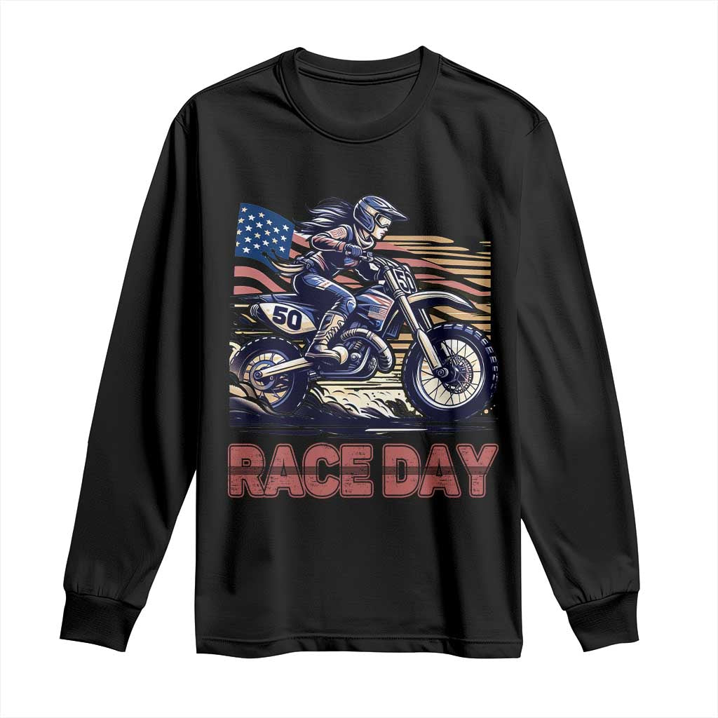 Dirt Bike Girl Long Sleeve Shirt Patriotic Motocross American Flag Racing - Wonder Print Shop