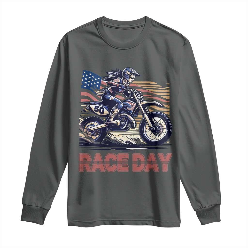 Dirt Bike Girl Long Sleeve Shirt Patriotic Motocross American Flag Racing - Wonder Print Shop