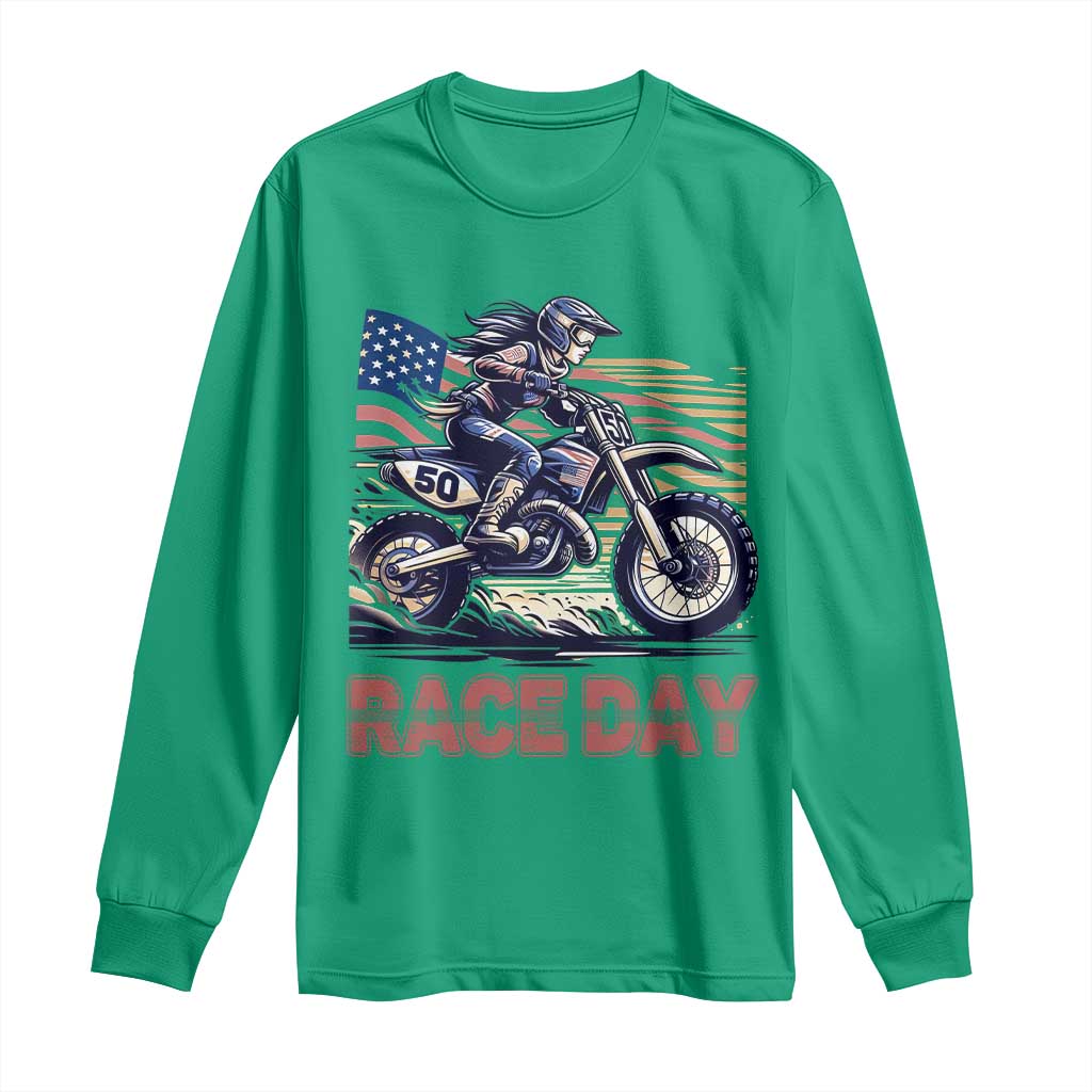 Dirt Bike Girl Long Sleeve Shirt Patriotic Motocross American Flag Racing - Wonder Print Shop
