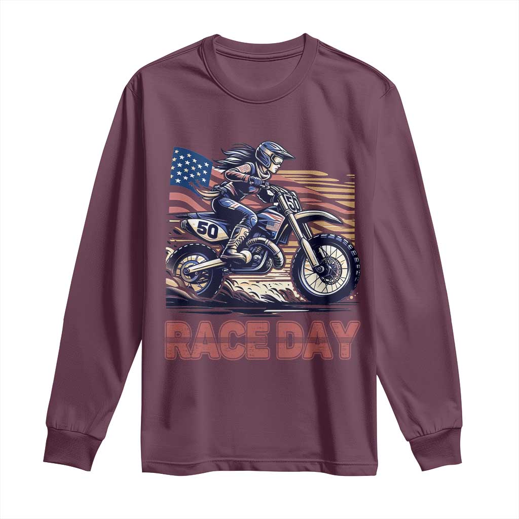 Dirt Bike Girl Long Sleeve Shirt Patriotic Motocross American Flag Racing - Wonder Print Shop
