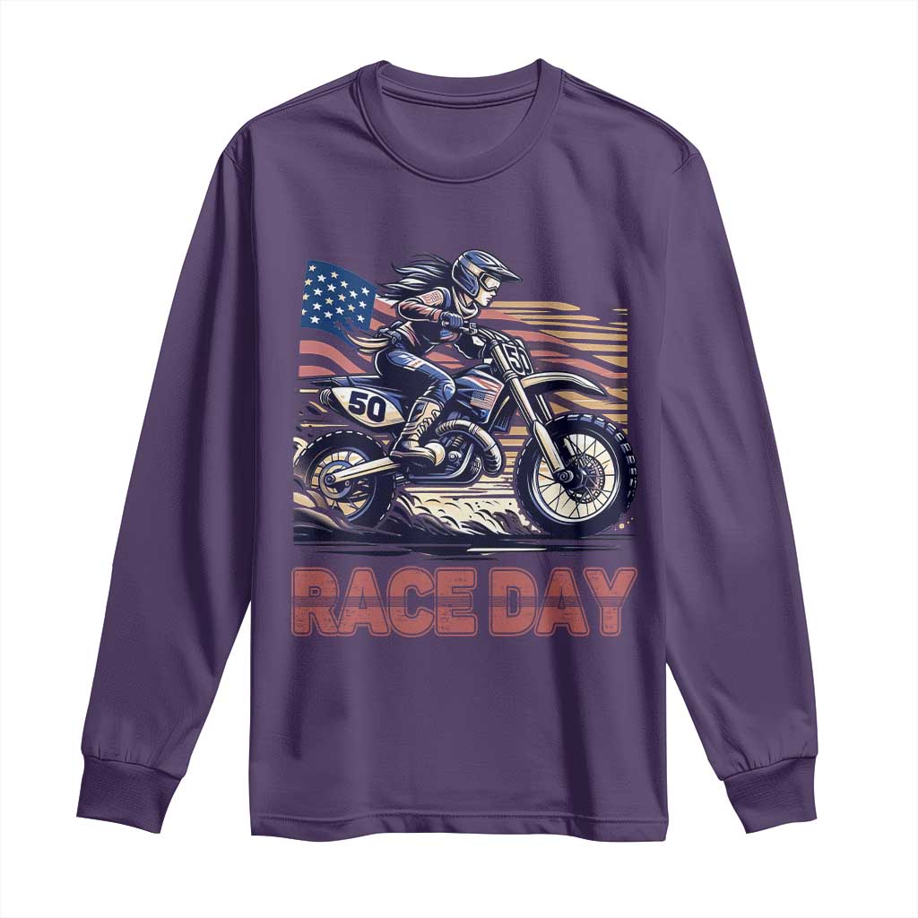 Dirt Bike Girl Long Sleeve Shirt Patriotic Motocross American Flag Racing - Wonder Print Shop