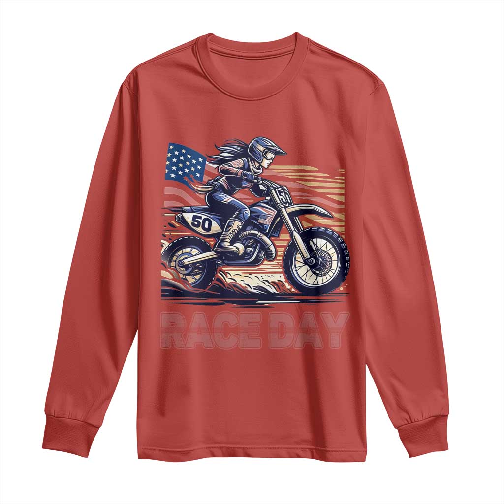 Dirt Bike Girl Long Sleeve Shirt Patriotic Motocross American Flag Racing - Wonder Print Shop