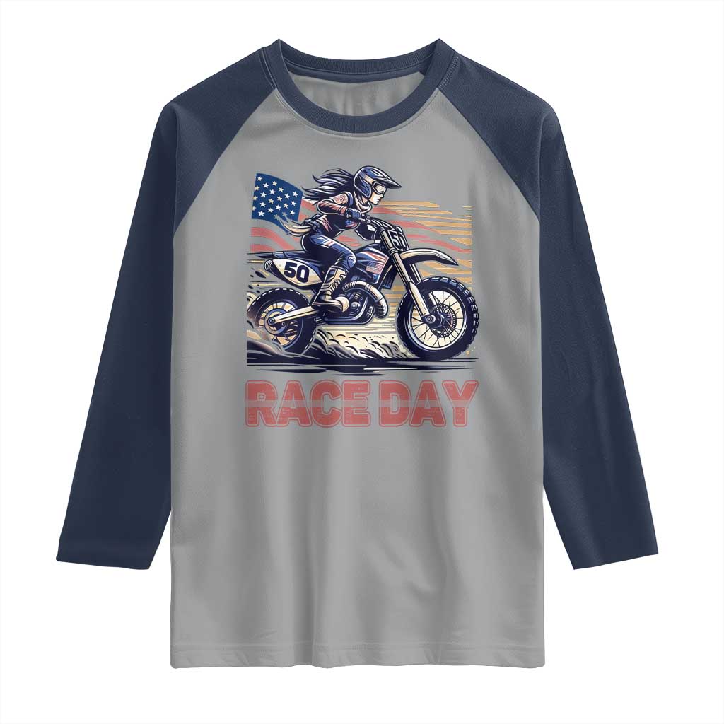 Dirt Bike Girl Raglan Shirt Patriotic Motocross American Flag Racing - Wonder Print Shop
