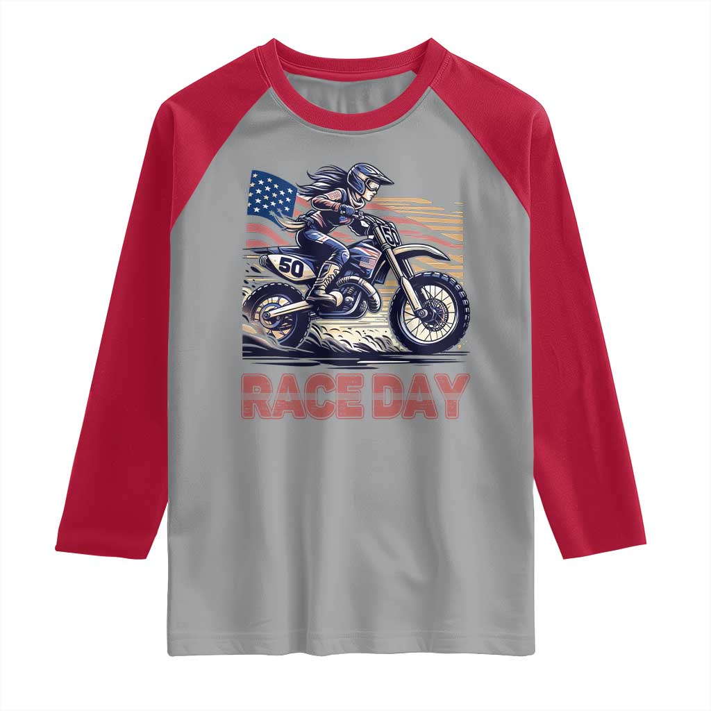Dirt Bike Girl Raglan Shirt Patriotic Motocross American Flag Racing - Wonder Print Shop