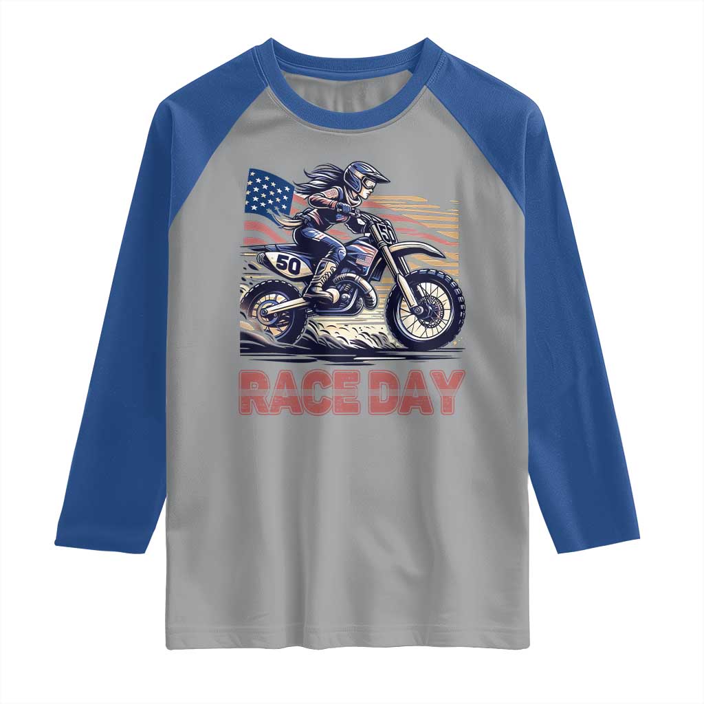 Dirt Bike Girl Raglan Shirt Patriotic Motocross American Flag Racing - Wonder Print Shop