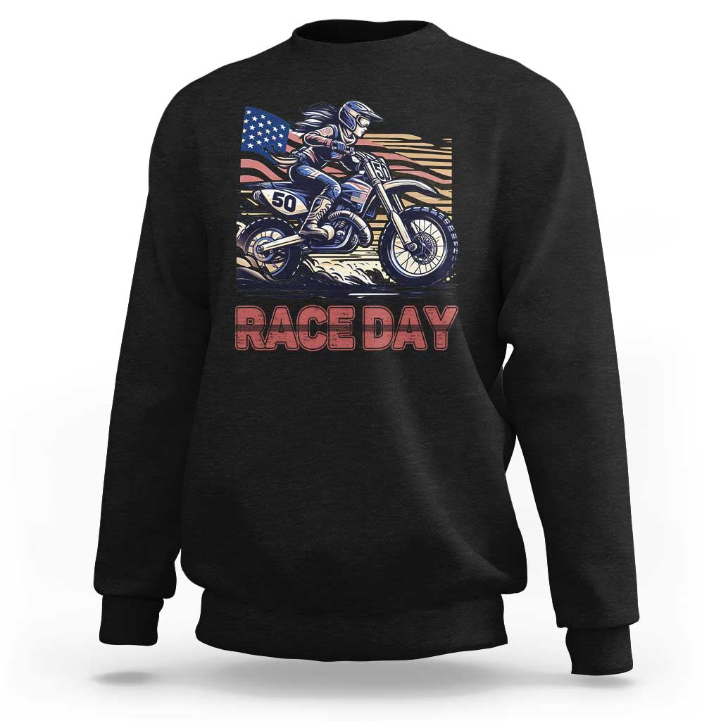 Dirt Bike Girl Sweatshirt Patriotic Motocross American Flag Racing - Wonder Print Shop
