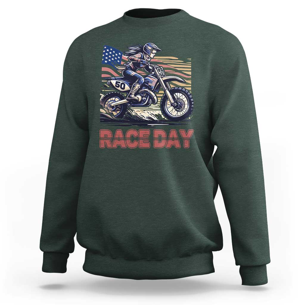 Dirt Bike Girl Sweatshirt Patriotic Motocross American Flag Racing - Wonder Print Shop