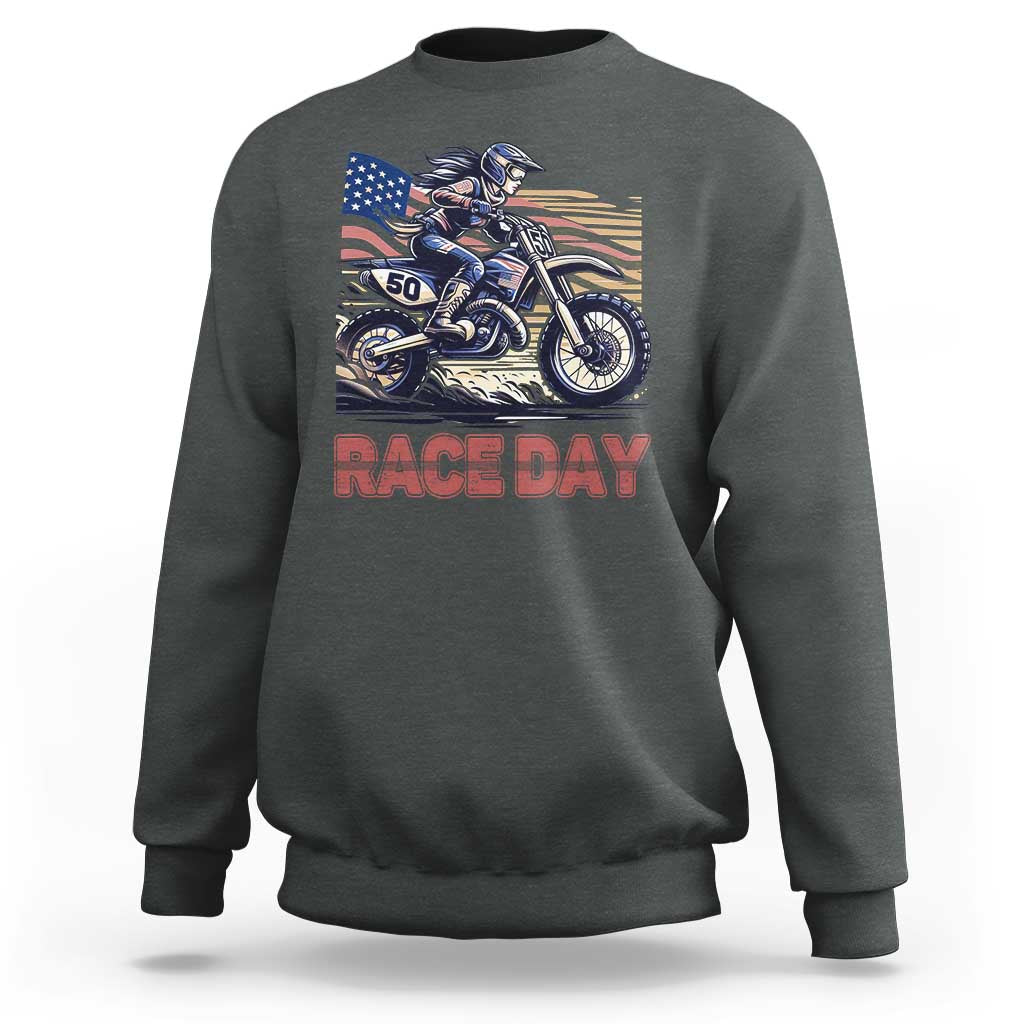 Dirt Bike Girl Sweatshirt Patriotic Motocross American Flag Racing - Wonder Print Shop