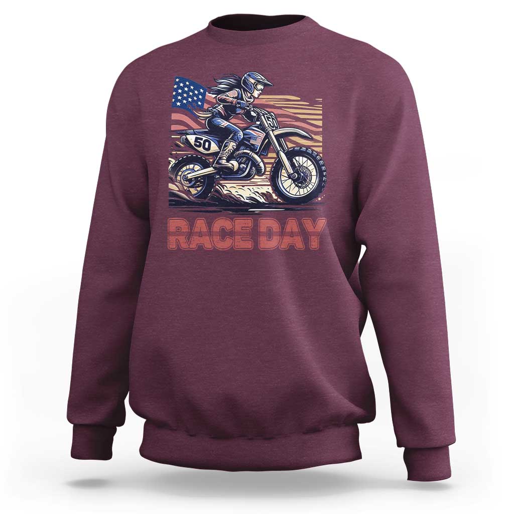Dirt Bike Girl Sweatshirt Patriotic Motocross American Flag Racing - Wonder Print Shop