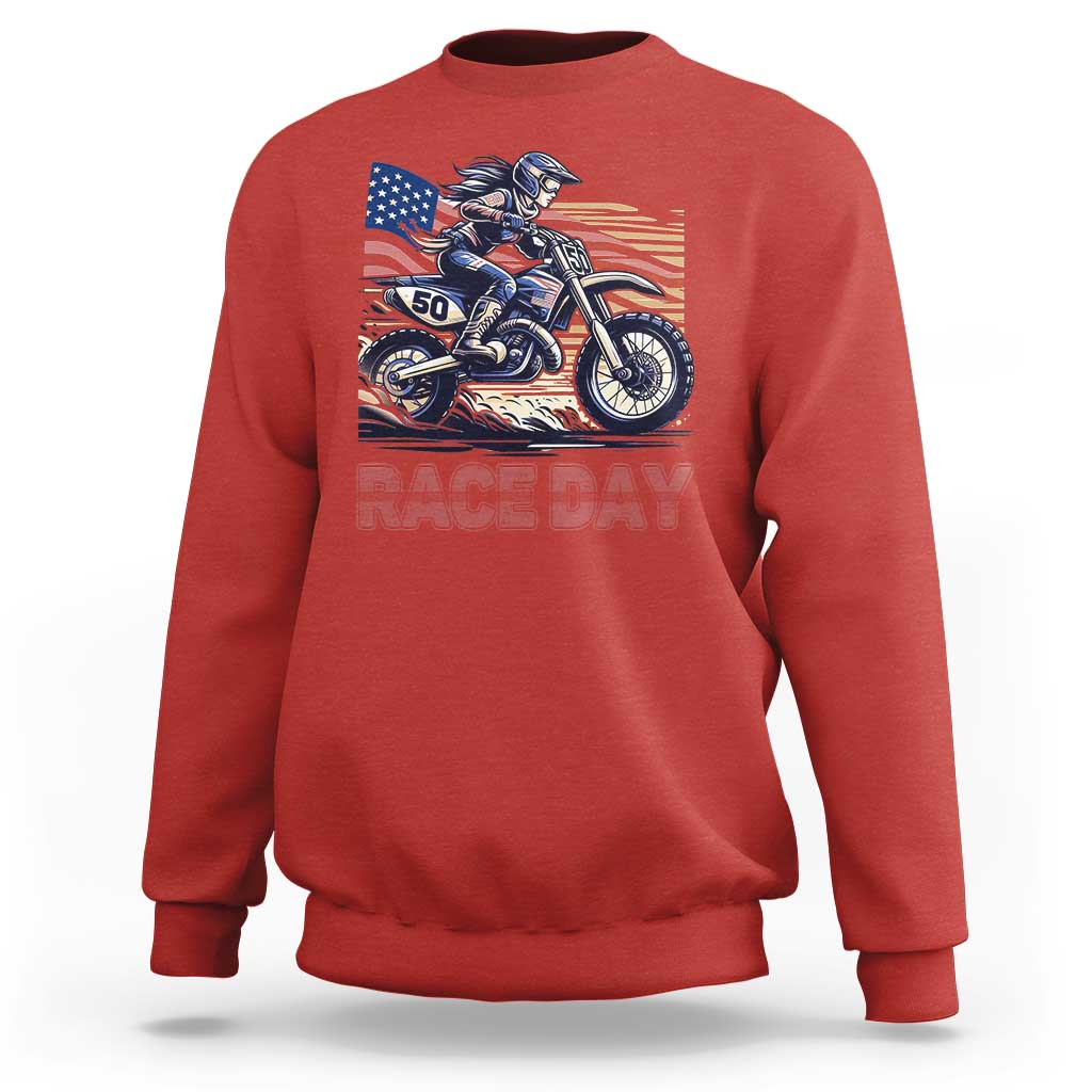 Dirt Bike Girl Sweatshirt Patriotic Motocross American Flag Racing - Wonder Print Shop