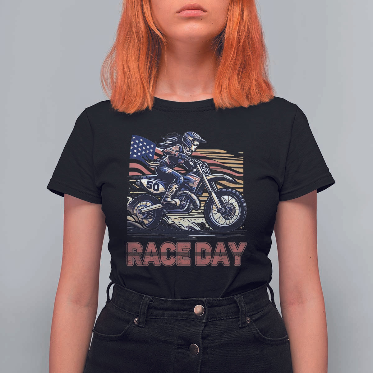 Dirt Bike Girl T Shirt For Women Patriotic Motocross American Flag Racing - Wonder Print Shop
